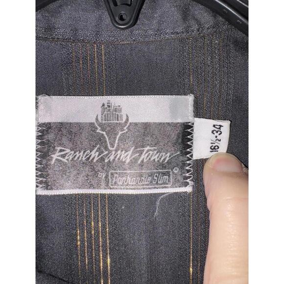 Vtg Ranch & Town Panhandle Slim L 16.5/34 Gld Metallic Stripe Western Pearl Snap - Picture 2 of 12